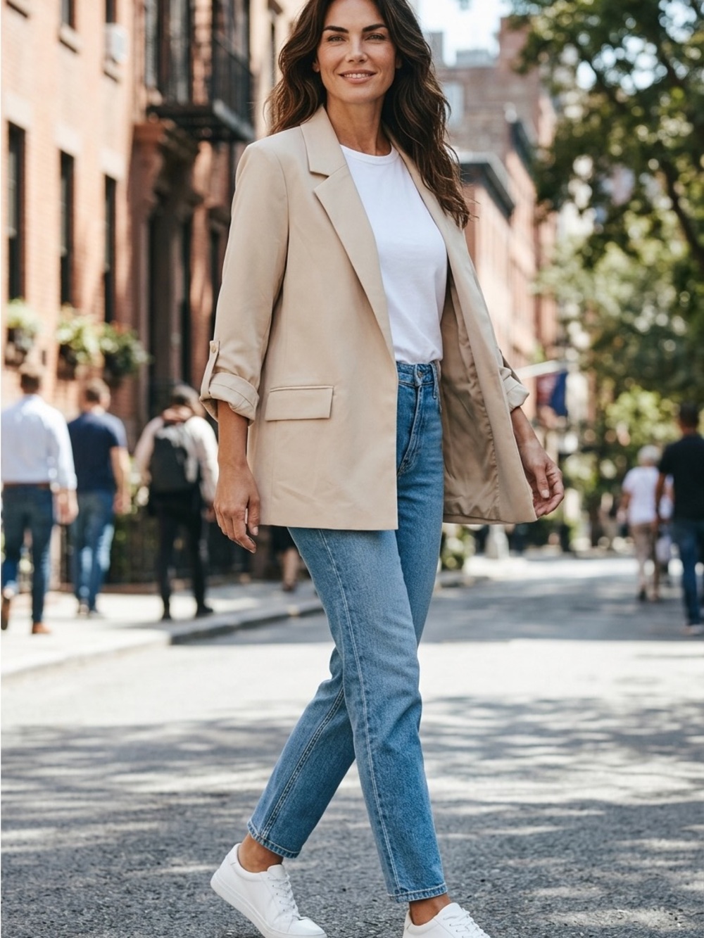 Love Tree Beige Open-Front Roll-Sleeve Blazer - Picture 2 of 8